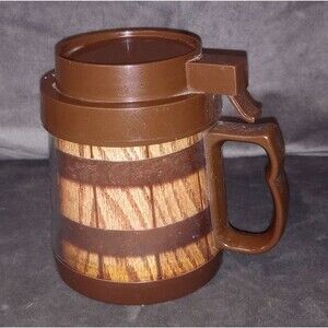 Vintage 70s Travel Tankard Thermo Serv 12 oz Wood Grain Pattern